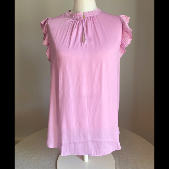 LOFT sleeveless shell with button neck & ruffle detail at shoulder. Size- Mef - Picture 1 of 6
